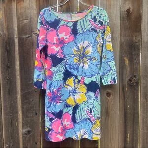 LILLY PULITZER Marlowe Dress Big Flirt Hibiscus Floral Print 3/4 Sleeve Medium M